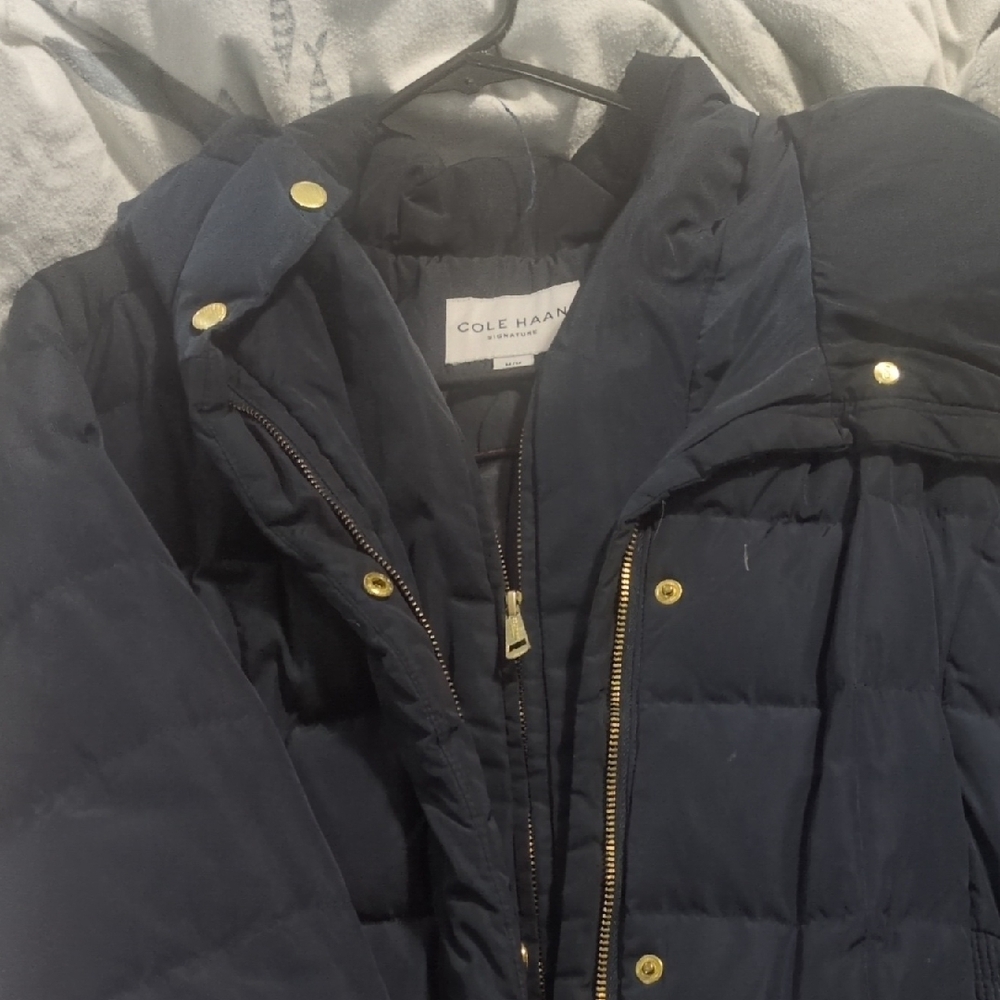 Cole Haan Navy Puffer Jacket with Gold Accents